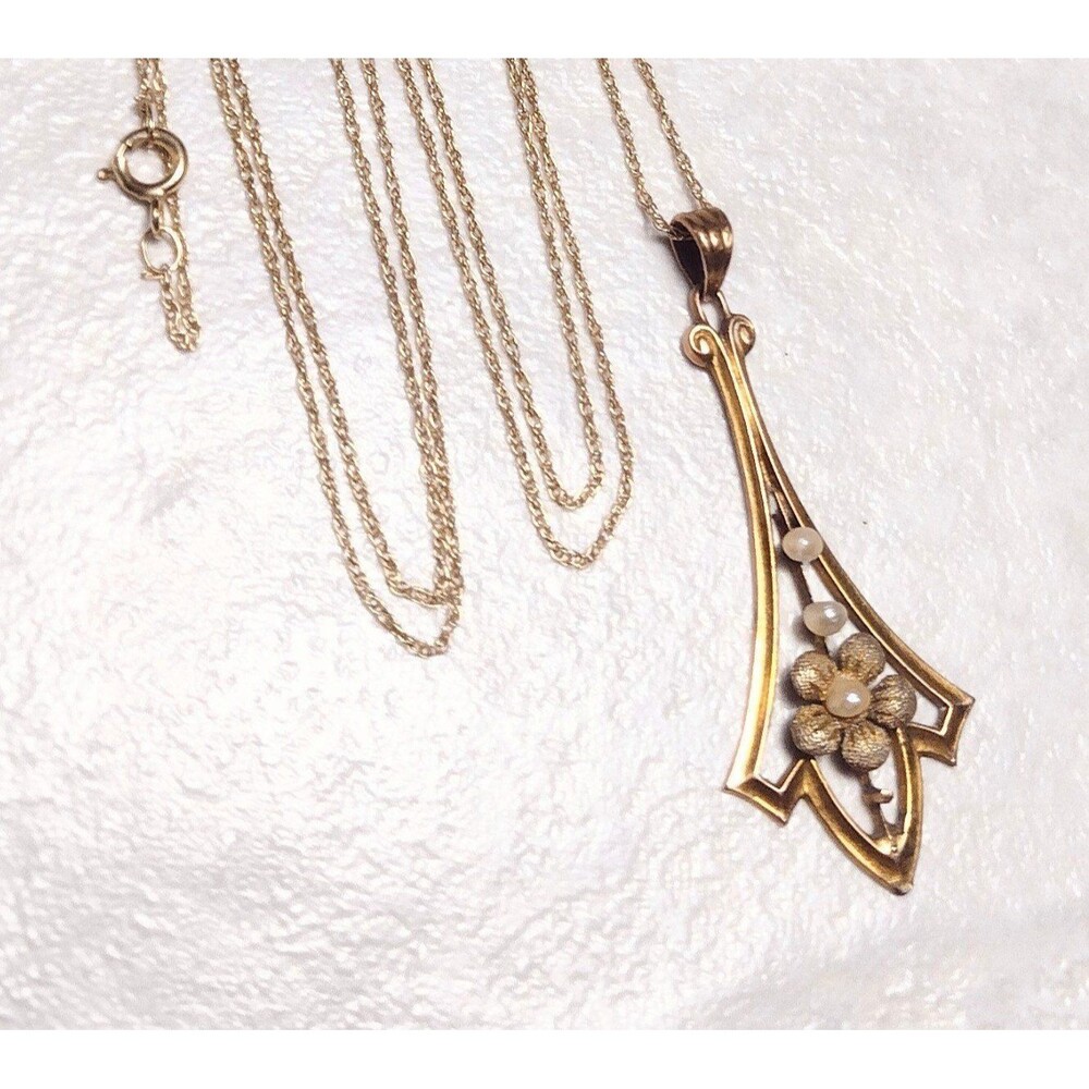 10k Solid Gold Pearl Lavalier Pendant Necklace Edwardian Antique Marked